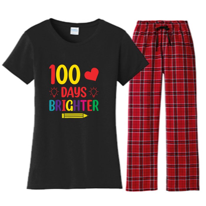 100 Days Brighter Teacher Student 100 Days Of School Women's Flannel Pajama Set