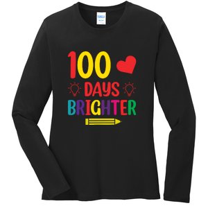 100 Days Brighter Teacher Student 100 Days Of School Ladies Long Sleeve Shirt