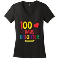 100 Days Brighter Teacher Student 100 Days Of School Women's V-Neck T-Shirt