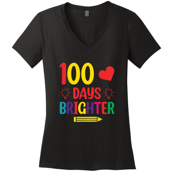 100 Days Brighter Teacher Student 100 Days Of School Women's V-Neck T-Shirt