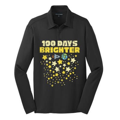 100 Days Brighter 100th Day Of School Space Stars Rocket Silk Touch Performance Long Sleeve Polo