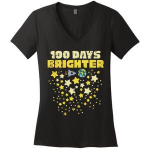 100 Days Brighter 100th Day Of School Space Stars Rocket Women's V-Neck T-Shirt