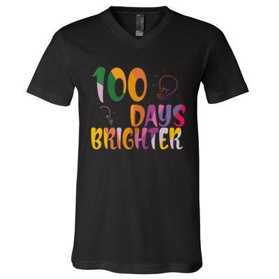 100 Days Brighter 100 Days Of School Teacher V-Neck T-Shirt