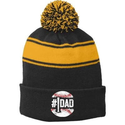 #1 Dad Baseball Number One Daddy Son Baseball Player Stripe Pom Pom Beanie