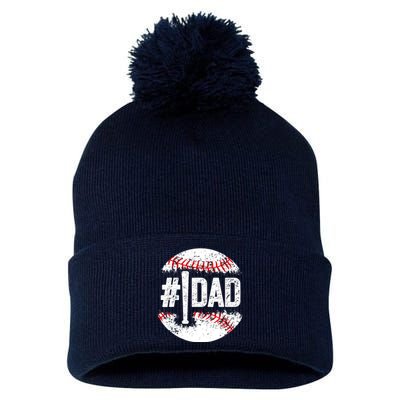 #1 Dad Baseball Number One Daddy Son Baseball Player Pom Pom 12in Knit Beanie