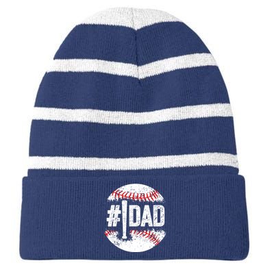 #1 Dad Baseball Number One Daddy Son Baseball Player Striped Beanie with Solid Band