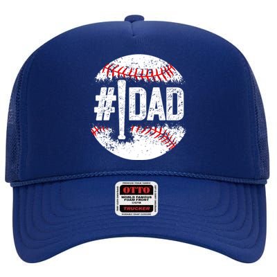 #1 Dad Baseball Number One Daddy Son Baseball Player High Crown Mesh Back Trucker Hat