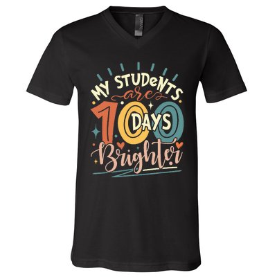 100 Days Brighter Teacher 100th Day Of School Teachers Squad V-Neck T-Shirt