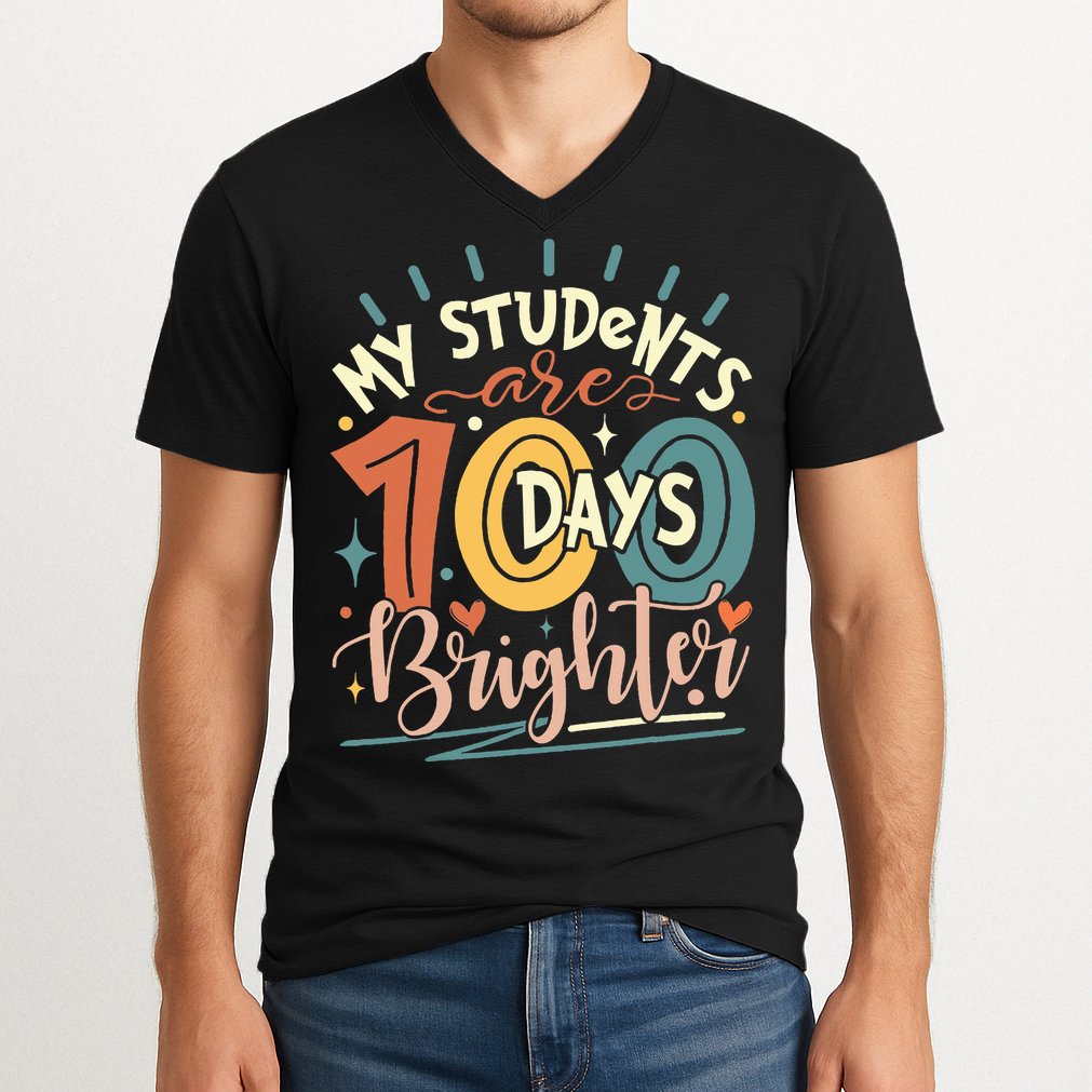 100 Days Brighter Teacher 100th Day Of School Teachers Squad V-Neck T-Shirt