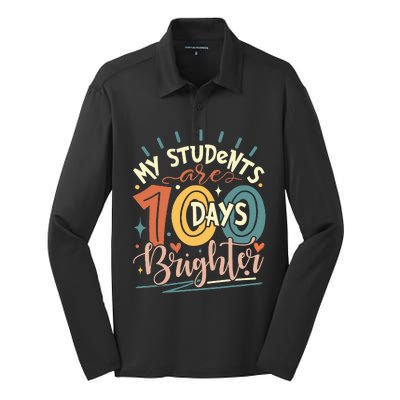 100 Days Brighter Teacher 100th Day Of School Teachers Squad Silk Touch Performance Long Sleeve Polo