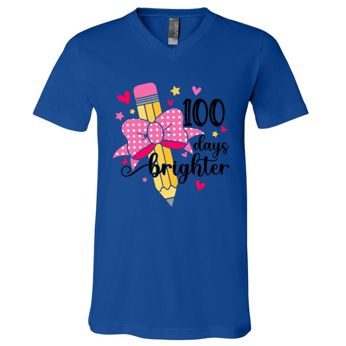 100 Days Brighter 100th Day Of School Cute Student Gift V-Neck T-Shirt