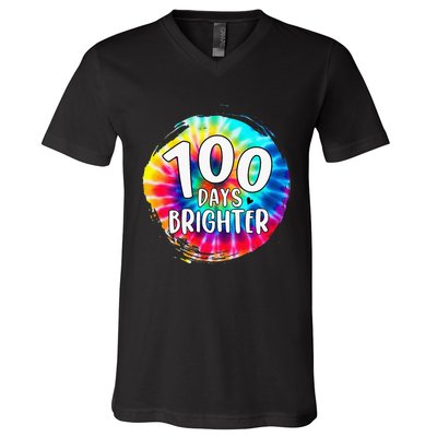 100 Days Brighter 100 Days Of School Tie Dye Teacher Student V-Neck T-Shirt