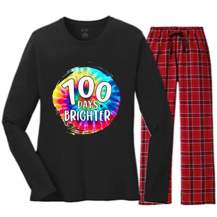 100 Days Brighter 100 Days Of School Tie Dye Teacher Student Women's Long Sleeve Flannel Pajama Set 