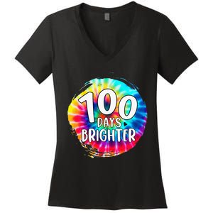 100 Days Brighter 100 Days Of School Tie Dye Teacher Student Women's V-Neck T-Shirt