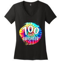 100 Days Brighter 100 Days Of School Tie Dye Teacher Student Women's V-Neck T-Shirt