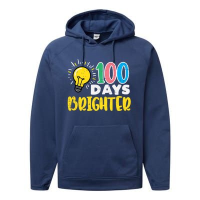 100 Days Brighter Light Bulb 100th Day School Smarter Gift Performance Fleece Hoodie