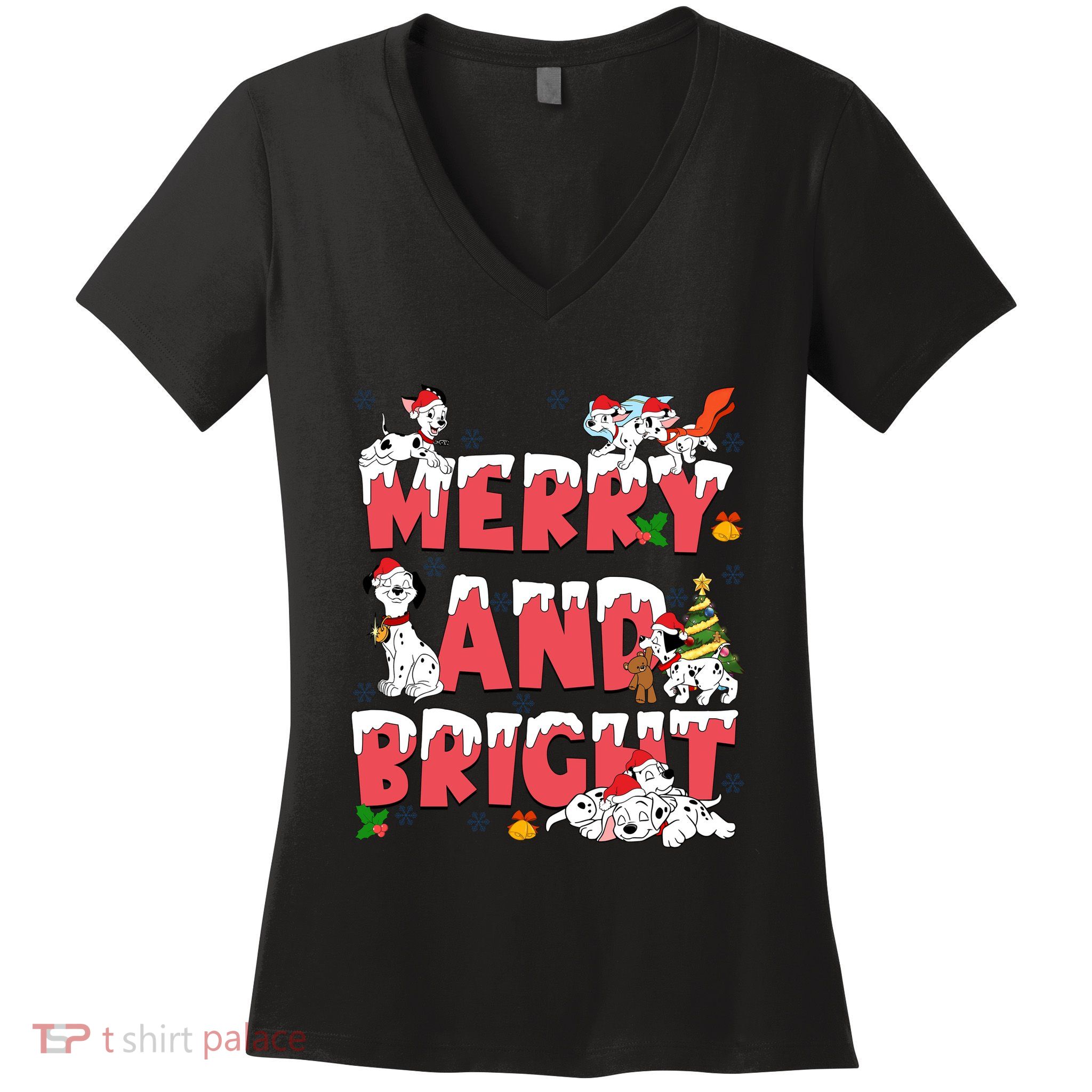 101 Dalmatians Christmas Merry And Bright Dalmatian Cute Dog Christmas Women's V-Neck T-Shirt