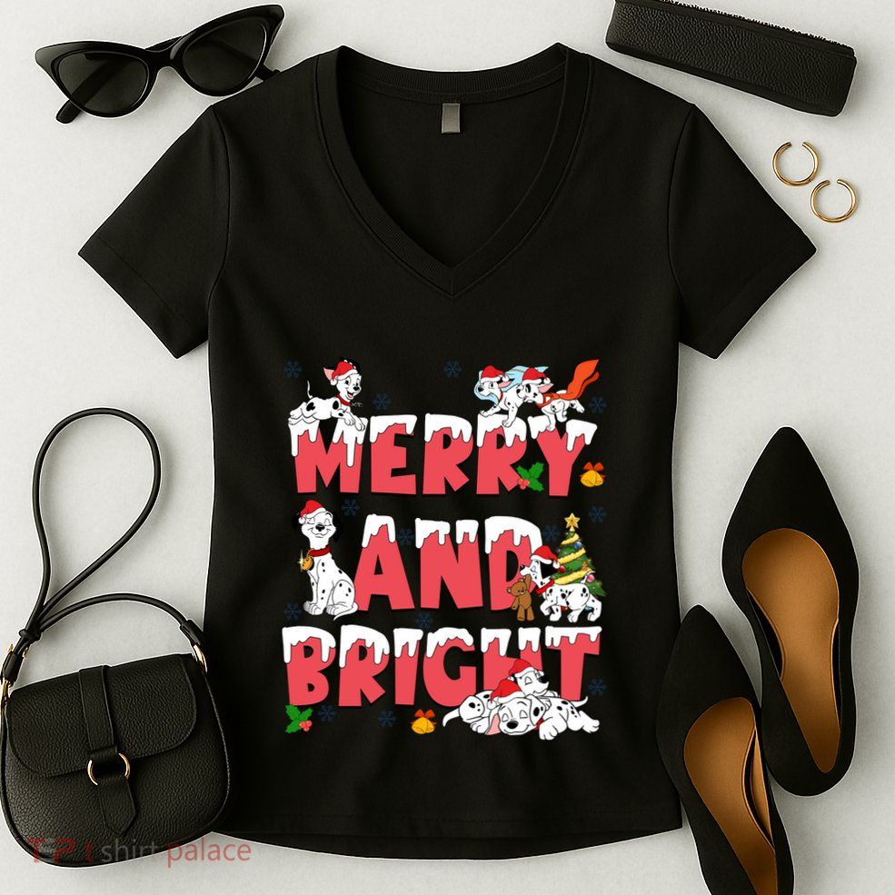101 Dalmatians Christmas Merry And Bright Dalmatian Cute Dog Christmas Women's V-Neck T-Shirt