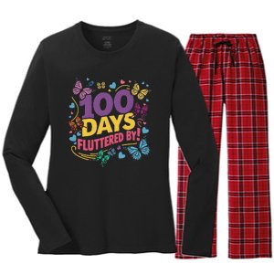 100 Days Fluttered By Butterfly 100th Day Of School Student Women's Long Sleeve Flannel Pajama Set 