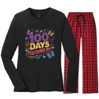 100 Days Fluttered By Butterfly 100th Day Of School Student Women's Long Sleeve Flannel Pajama Set 