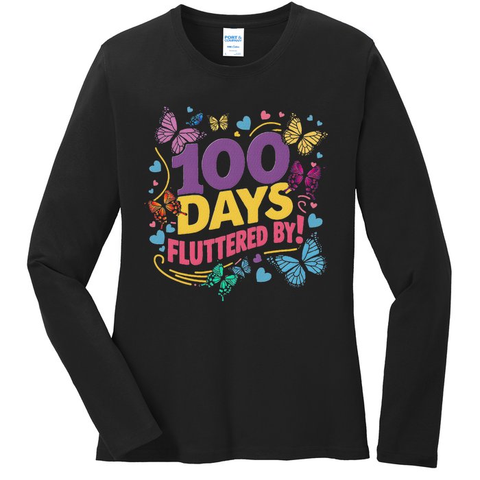 100 Days Fluttered By Butterfly 100th Day Of School Student Ladies Long Sleeve Shirt