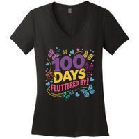 100 Days Fluttered By Butterfly 100th Day Of School Student Women's V-Neck T-Shirt