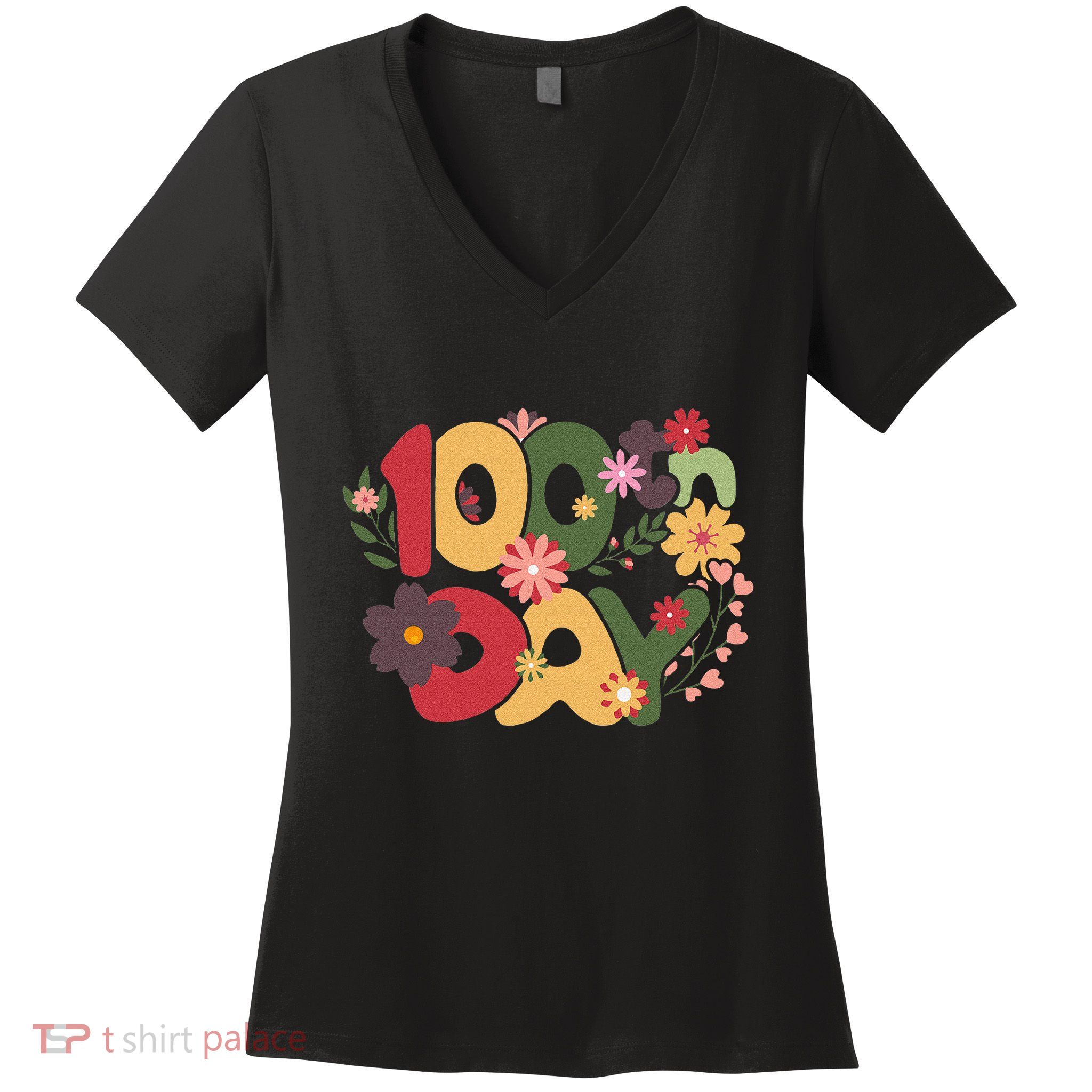 100th Day Flowers Celebration Learning Milestone Women's V-Neck T-Shirt