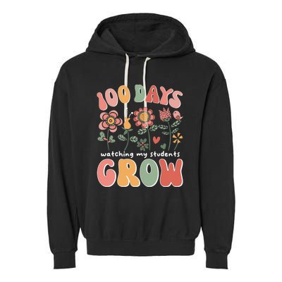 100 Days Growing Boho Flowers Teacher 100th Day Of School Garment-Dyed Fleece Hoodie