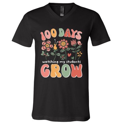 100 Days Growing Boho Flowers Teacher 100th Day Of School V-Neck T-Shirt