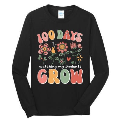 100 Days Growing Boho Flowers Teacher 100th Day Of School Tall Long Sleeve T-Shirt