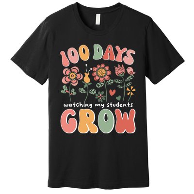 100 Days Growing Boho Flowers Teacher 100th Day Of School Premium T-Shirt