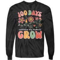 100 Days Growing Boho Flowers Teacher 100th Day Of School Tie-Dye Long Sleeve Shirt