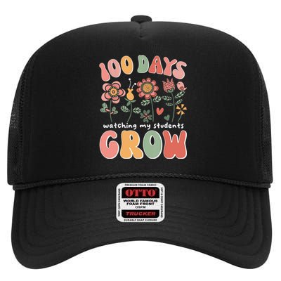 100 Days Growing Boho Flowers Teacher 100th Day Of School High Crown Mesh Back Trucker Hat