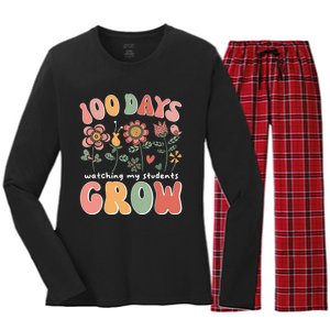 100 Days Growing Boho Flowers Teacher 100th Day Of School Women's Long Sleeve Flannel Pajama Set 