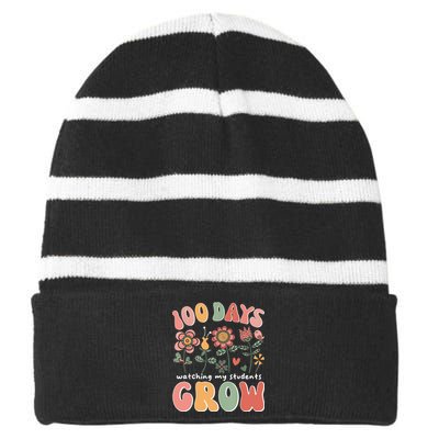 100 Days Growing Boho Flowers Teacher 100th Day Of School Striped Beanie with Solid Band