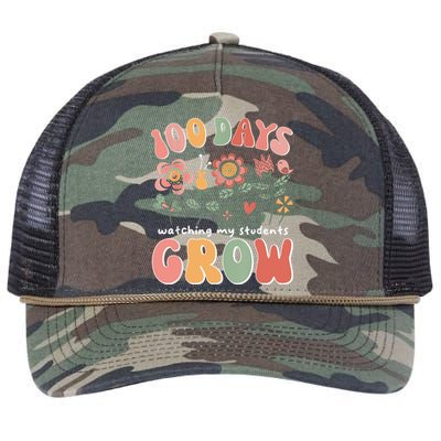 100 Days Growing Boho Flowers Teacher 100th Day Of School Retro Rope Trucker Hat Cap