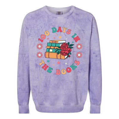 100 Days In The Books Reading Teacher 100th Day Of School Colorblast Crewneck Sweatshirt