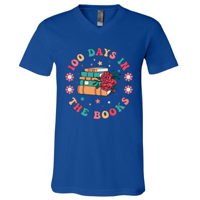 100 Days In The Books Reading Teacher 100th Day Of School V-Neck T-Shirt