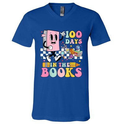 100 Days In The Books Reading Teacher 100th Day Of School V-Neck T-Shirt