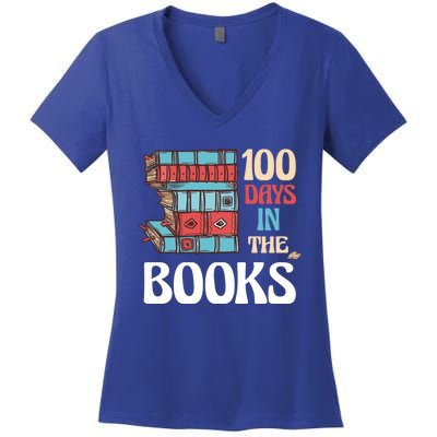 100 Days In The Books Reading 100th Day School Books Love Gift Women's V-Neck T-Shirt