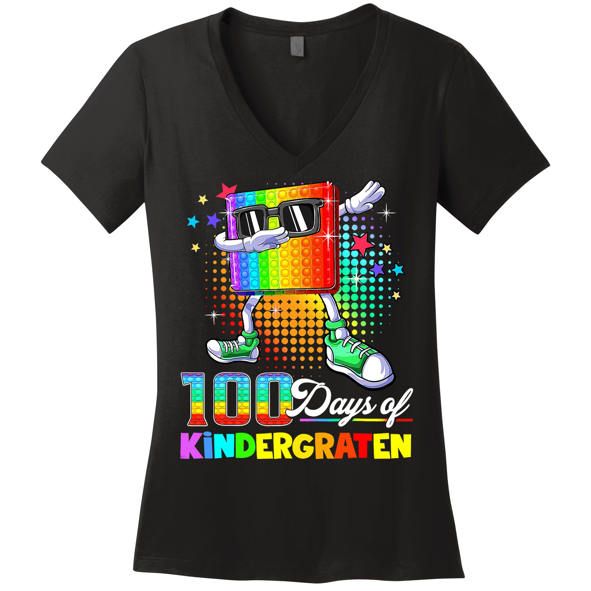 100 Days Of Kindergarten School Teacher 100th Day Pop Women's V-Neck T-Shirt