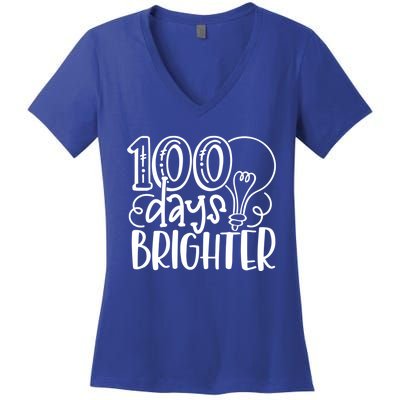 100th Day Of School Teacher Student Happy 100 Days Brighter Cool Gift Women's V-Neck T-Shirt