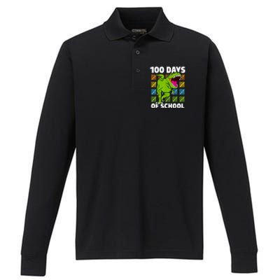 100th Day Of School Boys Kids Dino 100 Days Dinosaur TRex Performance Long Sleeve Polo