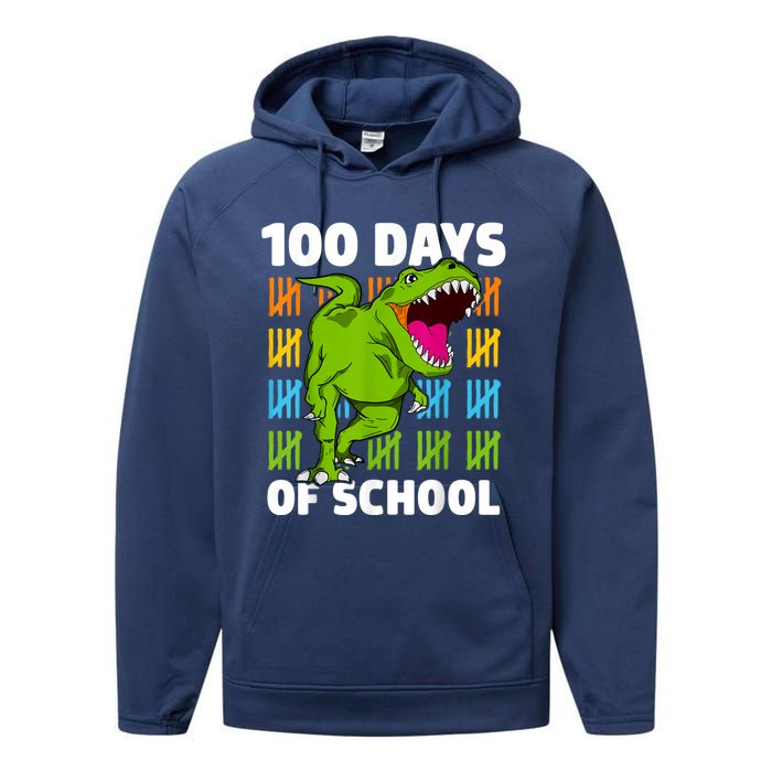 100th Day Of School Boys Kids Dino 100 Days Dinosaur TRex Performance Fleece Hoodie