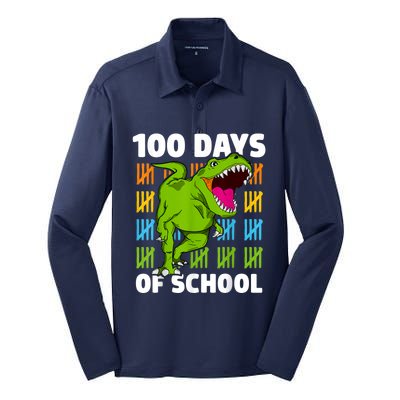 100th Day Of School Boys Kids Dino 100 Days Dinosaur TRex Silk Touch Performance Long Sleeve Polo