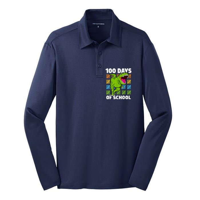 100th Day Of School Boys Kids Dino 100 Days Dinosaur TRex Silk Touch Performance Long Sleeve Polo