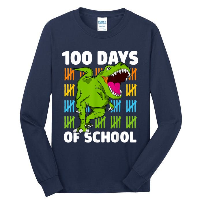 100th Day Of School Boys Kids Dino 100 Days Dinosaur TRex Tall Long Sleeve T-Shirt