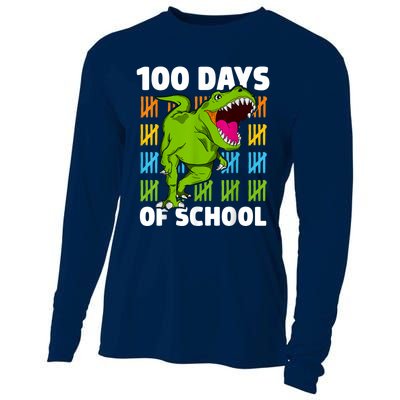 100th Day Of School Boys Kids Dino 100 Days Dinosaur TRex Cooling Performance Long Sleeve Crew