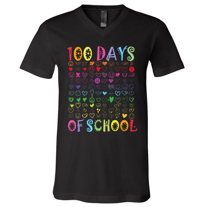 100 Days Of School Teacher Student   100 Hearts V-Neck T-Shirt