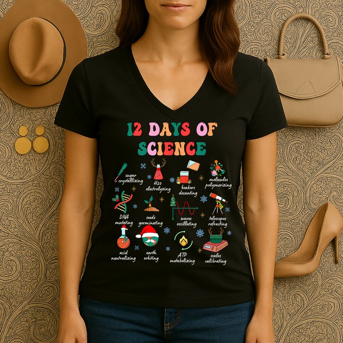 12 Days Of Science Scientist Teacher Christmas Science Xmas Women's V-Neck T-Shirt
